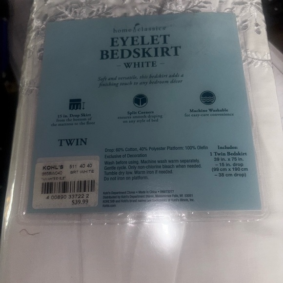 White Eyelet Twin Bed Skirt Nwt from Kohl’s 39 x 75 Cottage Core Chic Shabby - Picture 2 of 4